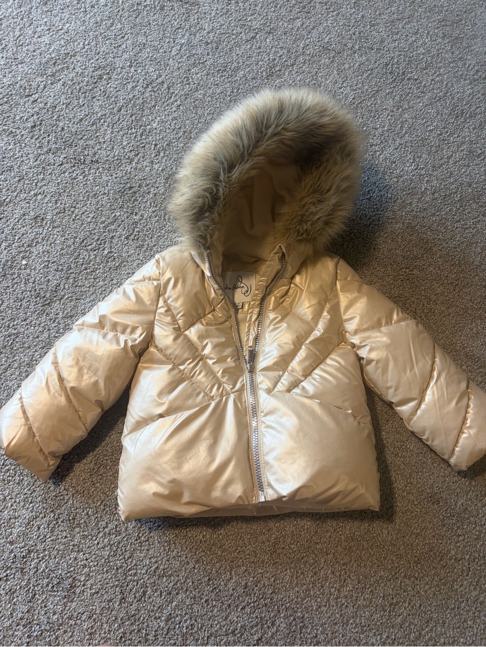 Sam Edelman Girls' Shimmery Cream Puffer Jacket with Faux-Fur Hood